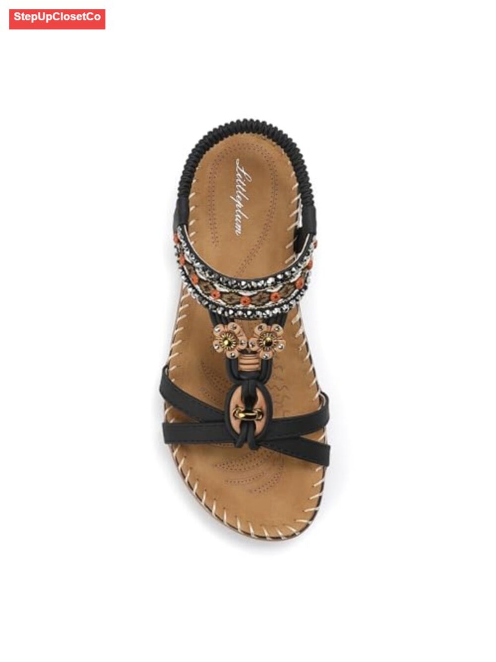 Bohemian T-Strap Arch Support Sandals with Flower Decoration PU Leather Flat